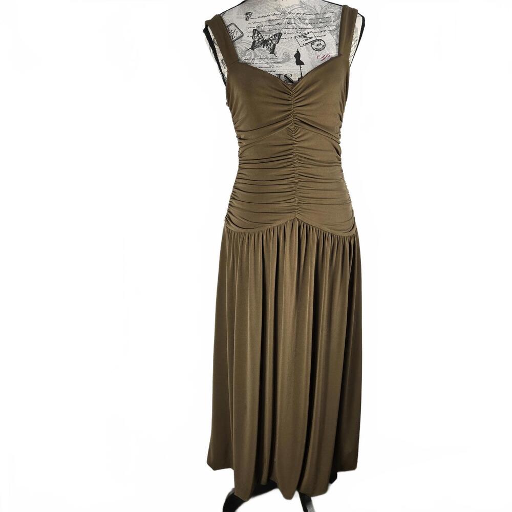 J. Crew Size S Olive Green Ruched Bodice Bubble Hem Sleeveless Midi Dress Prom
